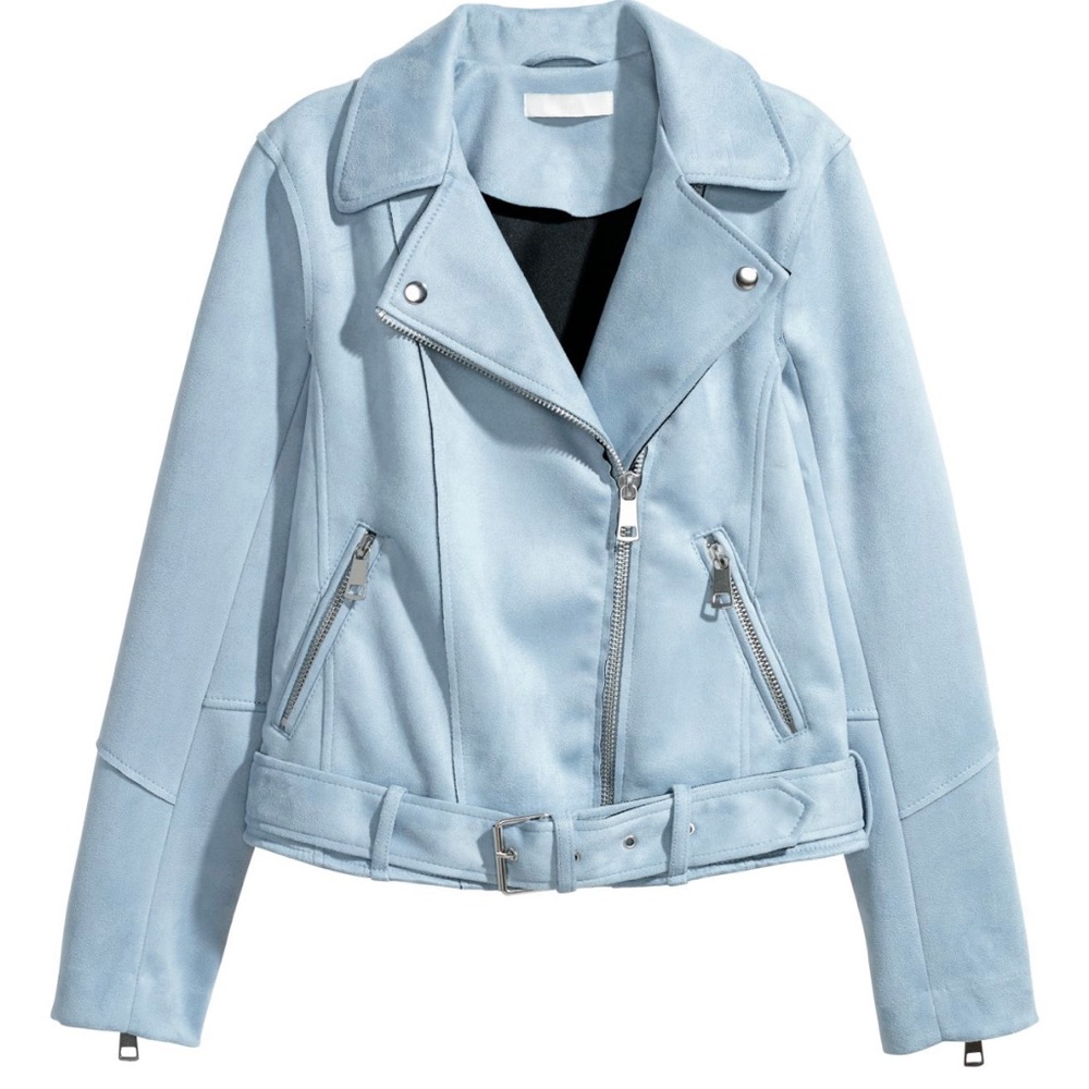 Faux Suede Biker Jacket - Light Blue